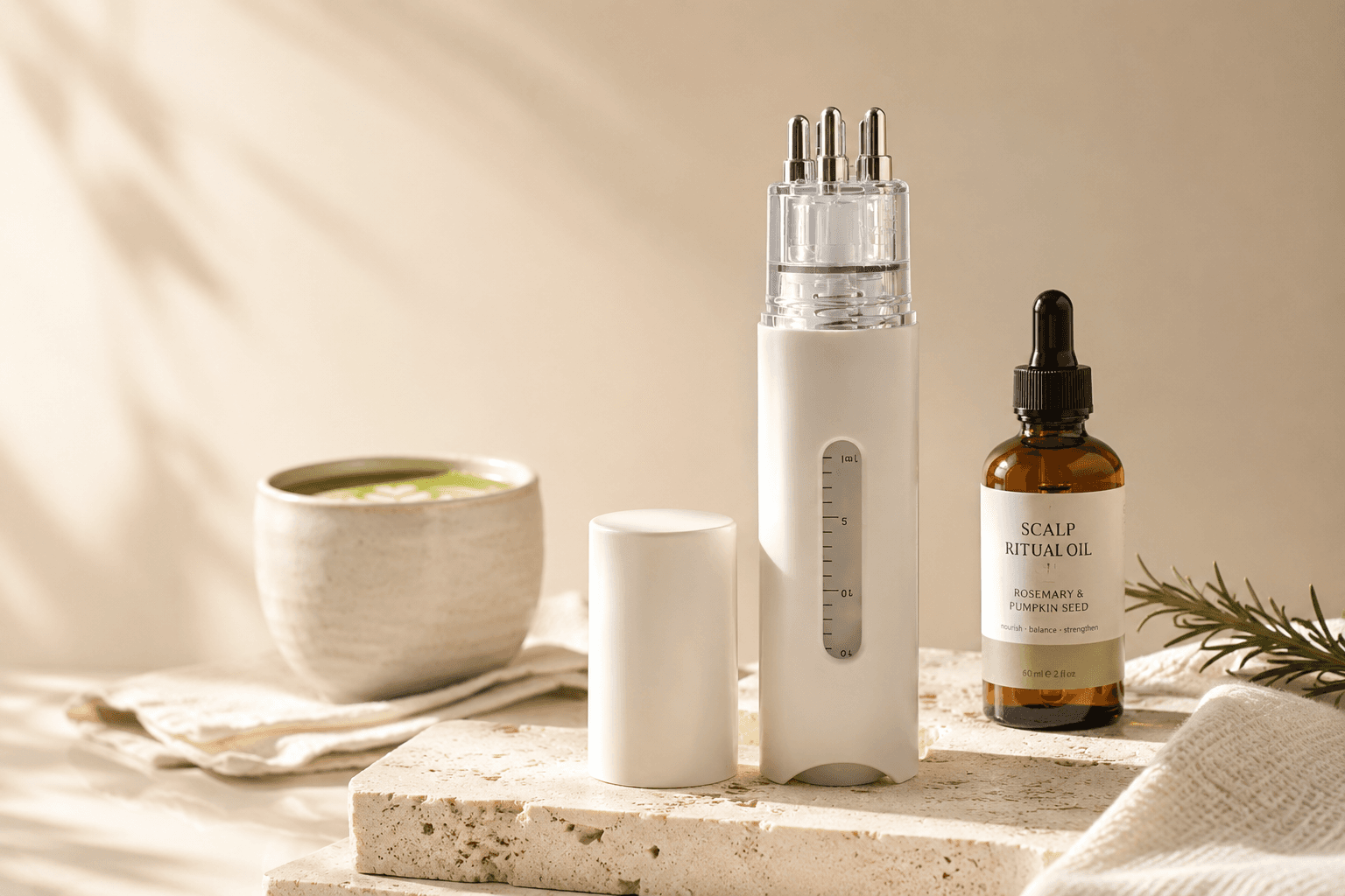 Applicateur cuir chevelu et huile Romarin & Graine de Courge posés sur du travertin, avec un bol de matcha