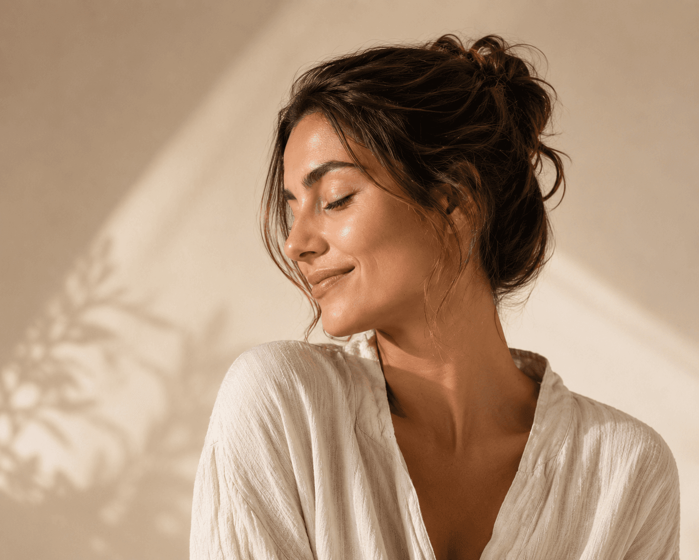 Femme aux cheveux relevés, lumière douce et ombres de feuillage